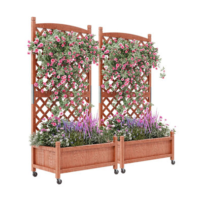 Grand lit de jardin surélevé avec treillis, pot à fleurs surélevé en bois avec treillis d'escalade, 4 trous de drainage, pot à fleurs autoportant pour plantes grimpantes, 2 pièces
