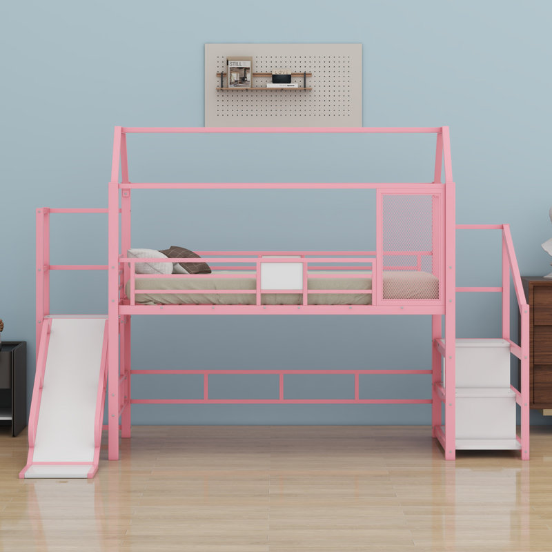 Metal House Loft Bed With Slide,Stairs And Storage Shelves, Pink