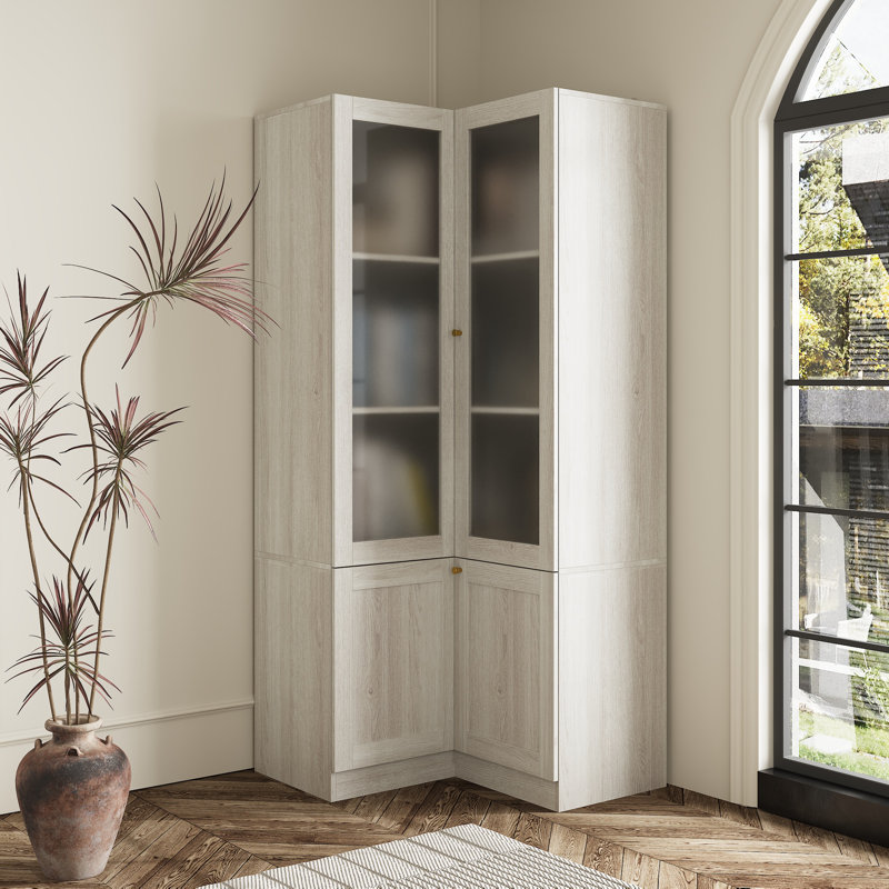 71'' H X 31.5'' D 4-Tier Corner Bookcase With Frosted Glass Doors