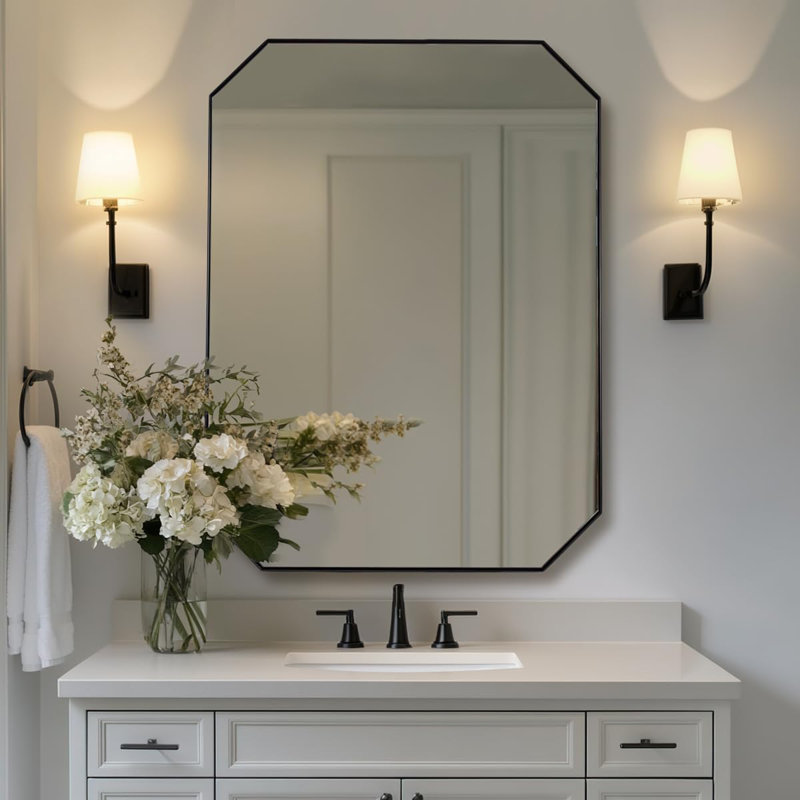 Miroir de meuble-lavabo de salle de bain contemporain Cadre en acier inoxydable, Noir mat, 40 po x 30 po