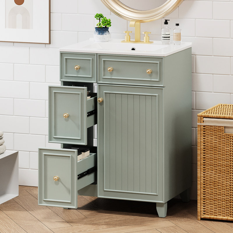 Armoire de salle de bain 24 po avec lavabo en céramique - Économie d'espace, évier de construction optimisé, pratique, Vert