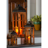 Set Of 3 Nested Wood And Metal Lanterns W LED Candle