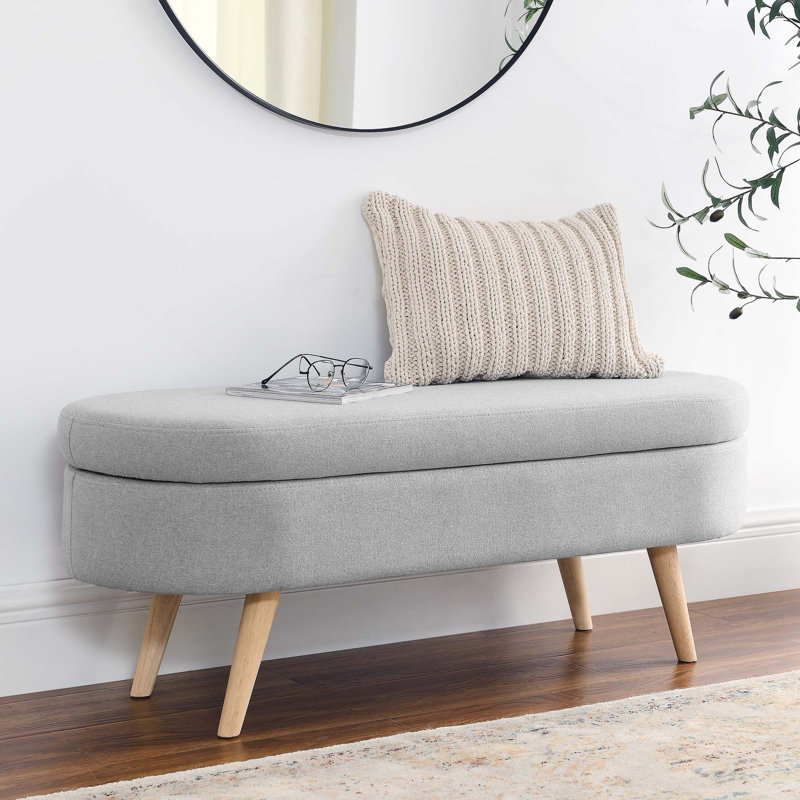 Ottoman Oval Storage Bench With Rubber Wood Legs For Footstool Seat And Storage Function, Gray, Natural