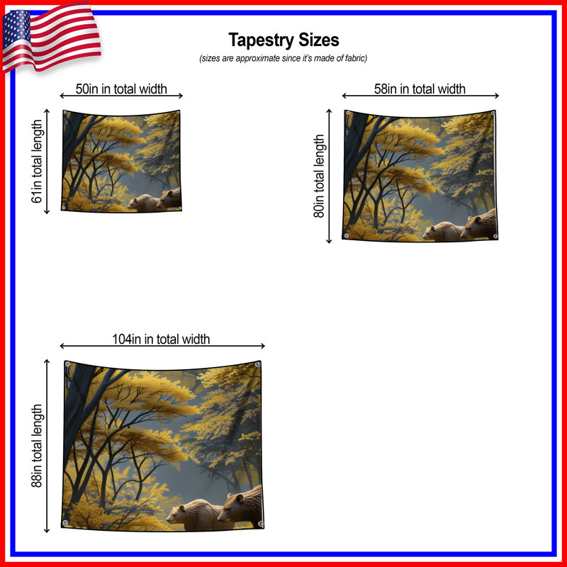 Tapisserie «Bears In Autumn Forest» - Décoration murale ours, 104in H x88 with 4 Grommets