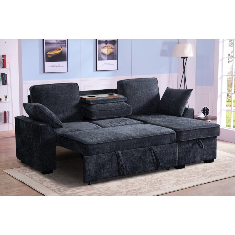Canapé modulaire en chenille bleu foncé à 3 places avec porte-gobelet intégré, plateau amovible et rangement dissimulé, idéal pour les soirées de jeux, chaise longue modulaire convertible, sièges
