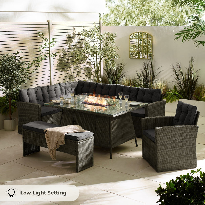 Guyapi Rattan Garden Dining Table With Smokeless Fire Pit Table With 9 Seat Dining Sofa Set, Grey