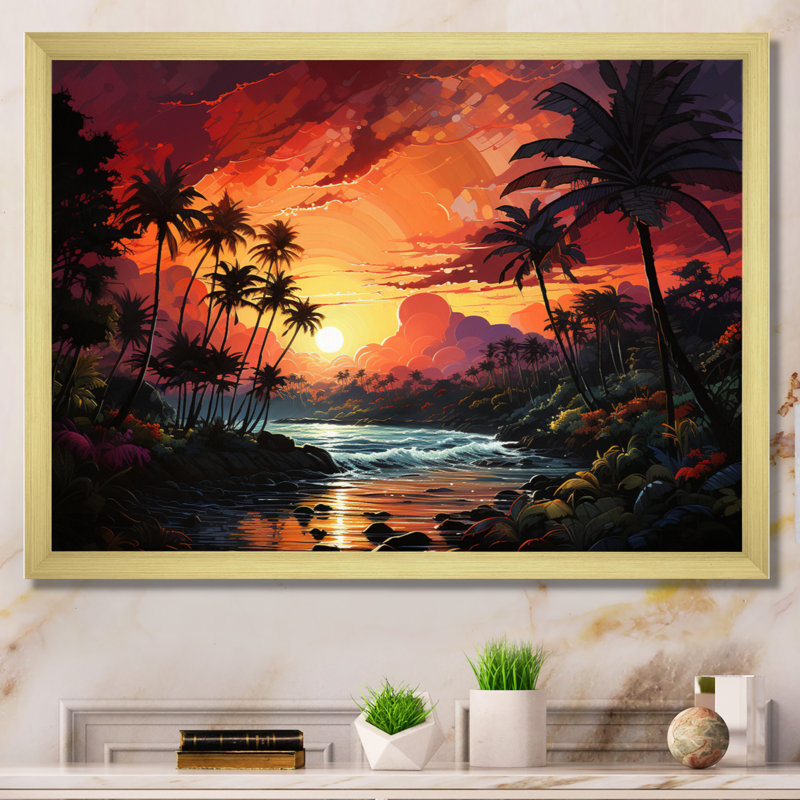 Palmiers sur un coucher de soleil coloré sur toile, H 34 po x l 44 po x P 1,5 po, Encadrement doré