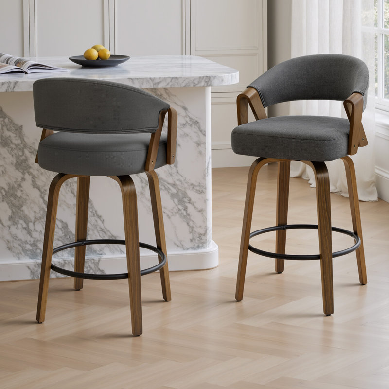 Tabouret de bar pivotant à 360 ° de style Mid-Century moderne en noyer avec dossier courbé rembourré (ensemble de 2), Gris