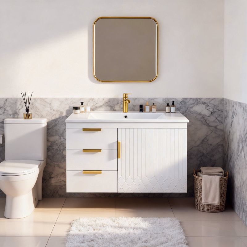 Armoire de salle de bain murale avec lavabo et tiroirs, Blanc