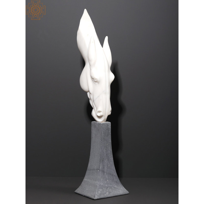 Grande sculpture de tête de cheval en marbre blanc 32 po sur base de pierre grise - Décor d'art moderne pour le salon et le bureau