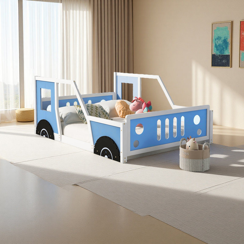 Lit plateforme classique avec roulettes en forme de voiture, Bleu