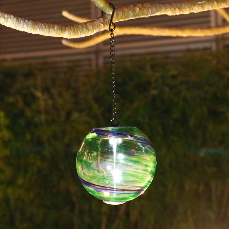 Solar Green Swirl Glass Globe Hanging Light – Led Outdoor Decor,hanging Orb With Metal Chain & Hook, Outdoor Gazing Ball, Patio/garden Tree Accent
