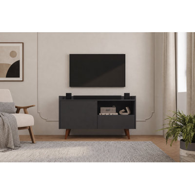 Meuble télé moderne pour téléviseurs jusqu'à 45 pouces, centre multimédia avec porte, tiroir, tablette ouverte et système de gestion des câbles, graphite