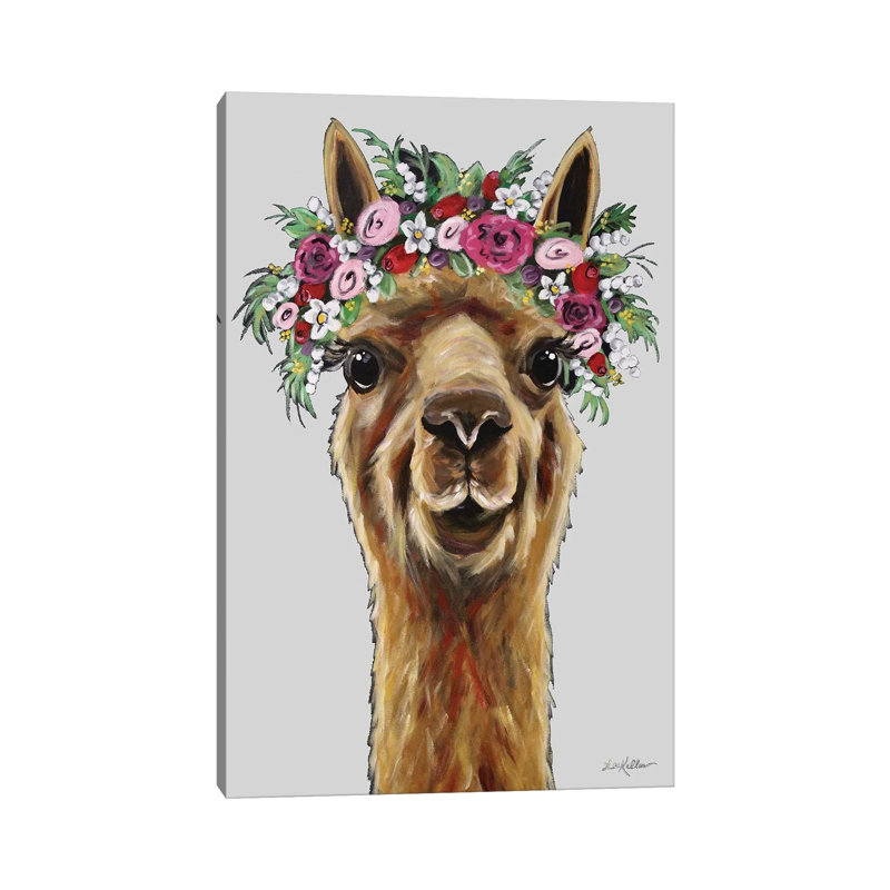 Fiona The Alpaca With Flower Crown On Gray by Hippie Hound Studios - Wrapped Canvas Print, 20.32 cm H x 30.48 cm W
