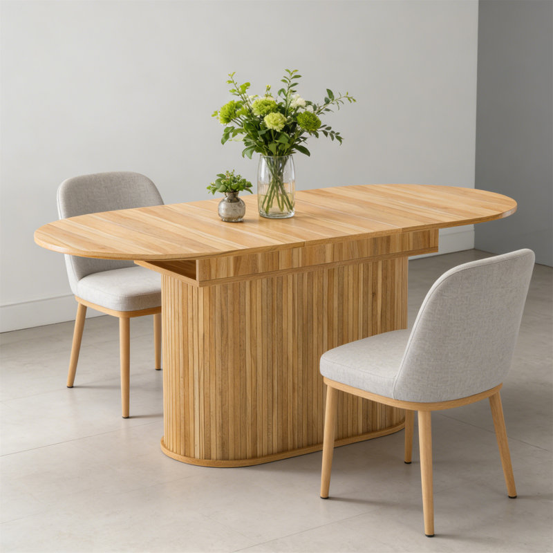 Table de salle à manger extensible de 55,11 po à 70,86 po avec pieds rayés pour le salon et la cuisine, Naturel