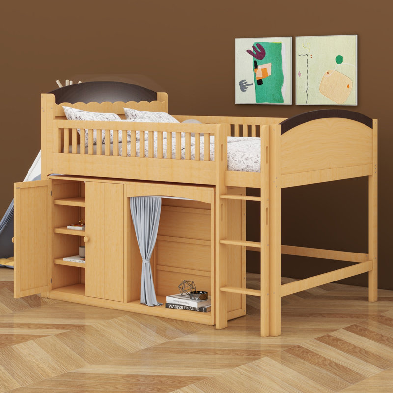 Lit mezzanine avec armoire de rangement, garde-robe et lumières DEL pour enfants adolescents, Wood Colour+Espresso