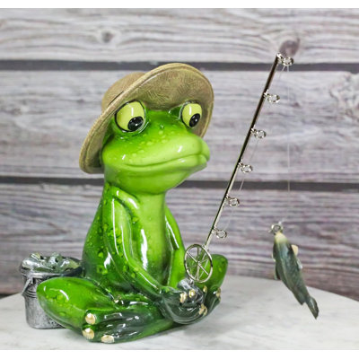 Catch Of The Day Green Frog Rod Fishing And Wearing Fisherman Hat Figurine