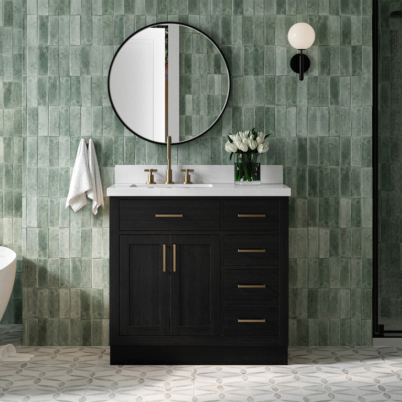 Meuble-lavabo simple en bois massif 36 po Tidworth avec plateau en quartz 1,5 po, Forme rectangulaire, Gauche, Chêne noir