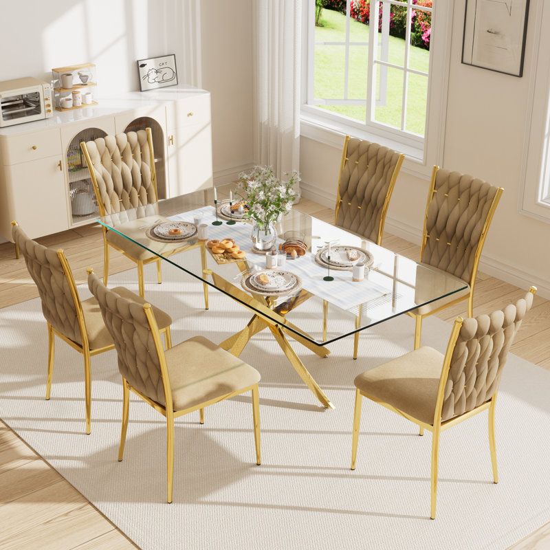 Ensemble de table rectangulaire 63 "en verre trempé 63", Brun / or, 7