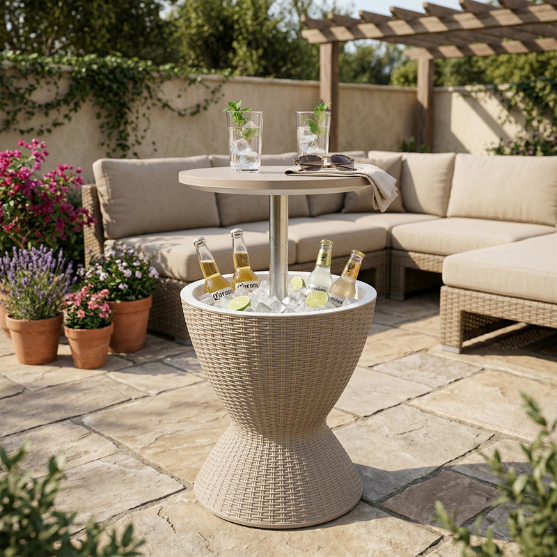 Table d'appoint d'extérieur 3-en-1 pour terrasse avec seau à glace, glacière escamotable de 8 gallons avec résistance aux rayons UV et aux intempéries pour la terrasse, la piscine et le camping