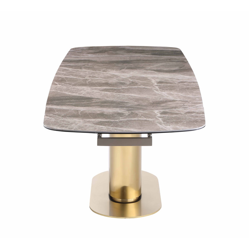 Elegant Extendable Faux Marble Dining Table with Brass Pedestal Base