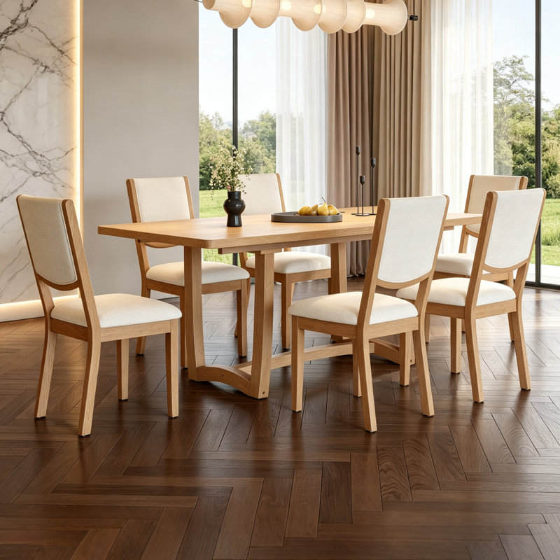 Ensemble de salle à manger 7 pièces à tréteaux extensible 7 pièces avec 6 chaises rembourrées, ensemble de table de ferme en bois massif