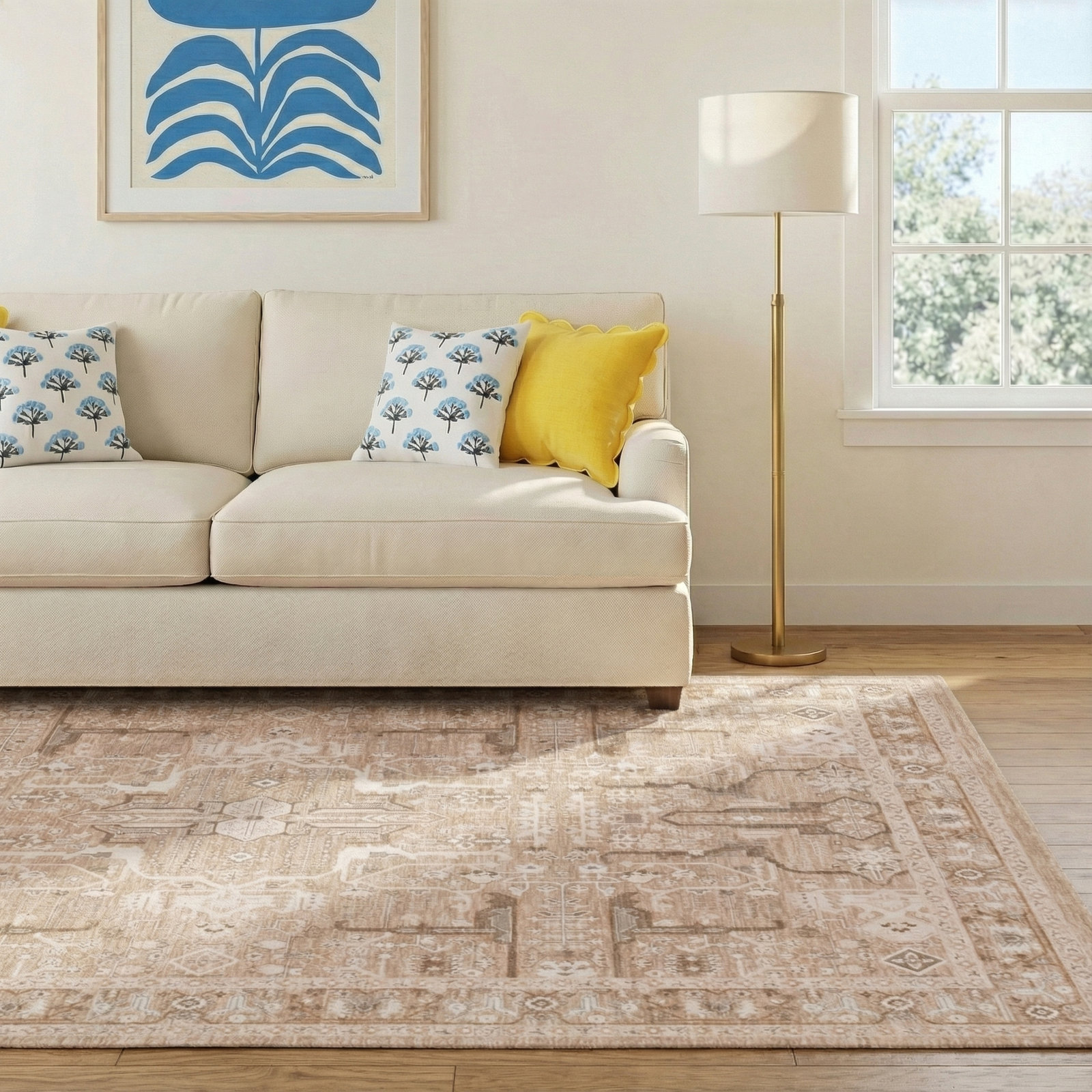 Kerin Beige Cream Oriental Rug, Rectangle 6' x 9'