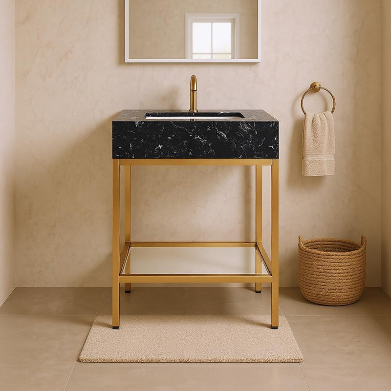 Marmo 24" Single Bathroom Vanity, Brushed Brass, Black