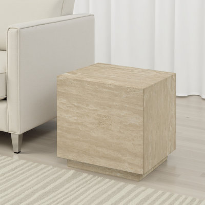 Table de bout Lory, plateau en travertin carré de 19 po, bois naturel beige