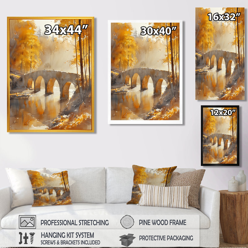 Jaune et jaune, automne, rivière de beauté III, pont, art mural, Cadre flottant brun, H 12 po x l 20 po