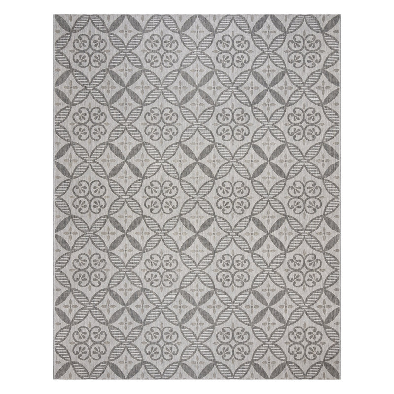 Solterra Zilah Gray Cream Ivory Bohmeian Tile Flatweave Polypropylene Indoor/ Outdoor Area Rug, Rectangle 8'9" x 13'1"