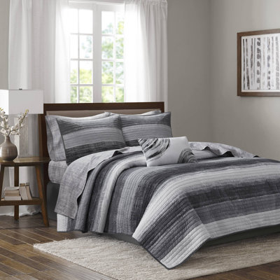 -piece Black Bedding Sets With Cotton Sheets, Ultra-soft Microfiber Quilt, Modern Striped Design For Bedroom Comfort