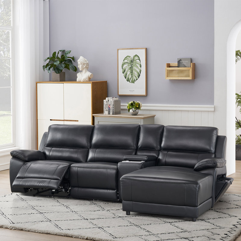 Carrabelle Leather Power Recliner Console,USB Port, Right Hand Facing, Black Genuine Leather