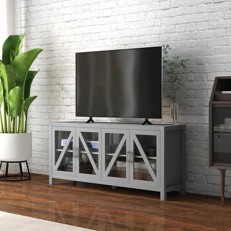Meuble télé pour téléviseur de 58 po gris avec 4 portes en verre et une armoire de rangement réglable