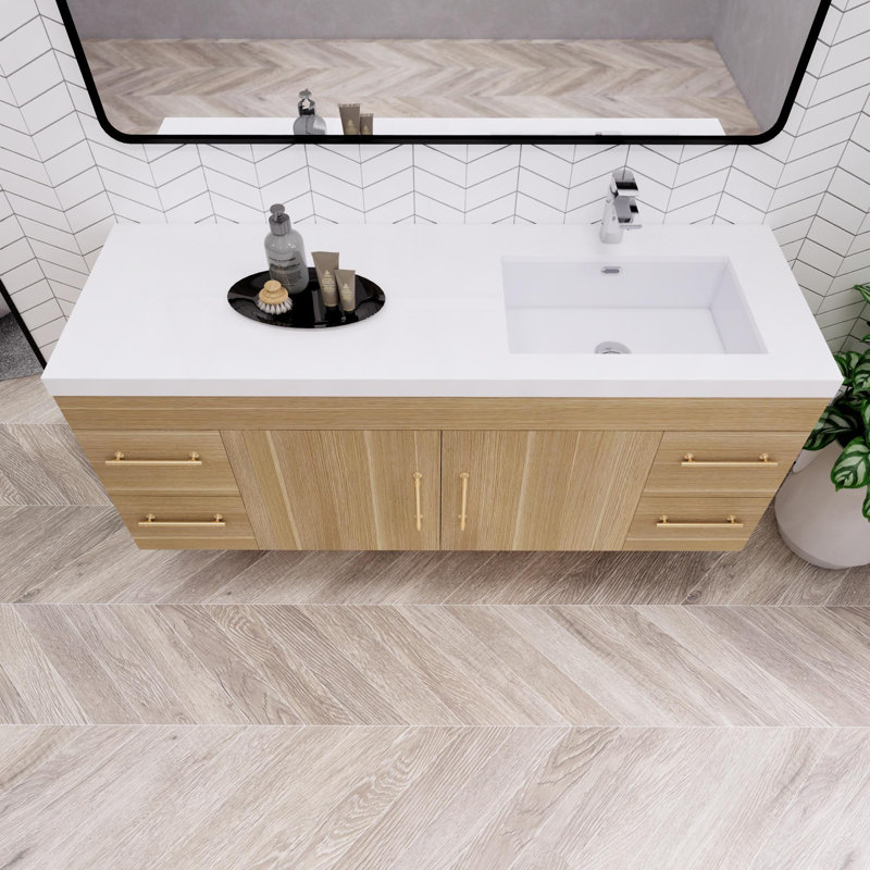 59.06'' Single Bathroom Vanity with Acrylic Top, Champagne Oak