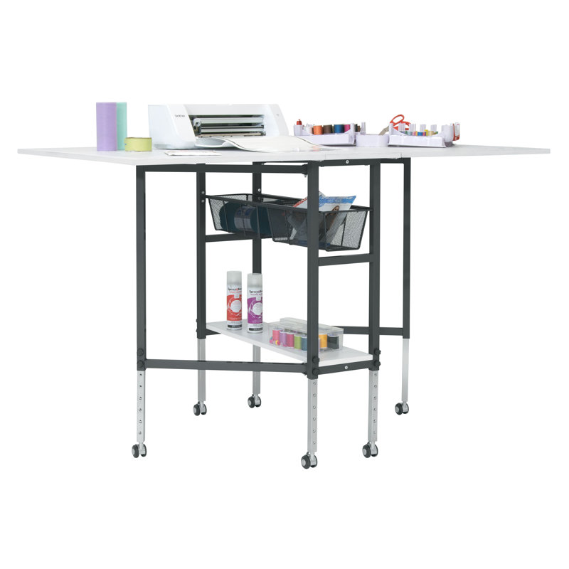 Table de découpe avec grille de planche à coudre et guide mobile, pliable, réglable en hauteur avec rangement, gris anthracite / blanc