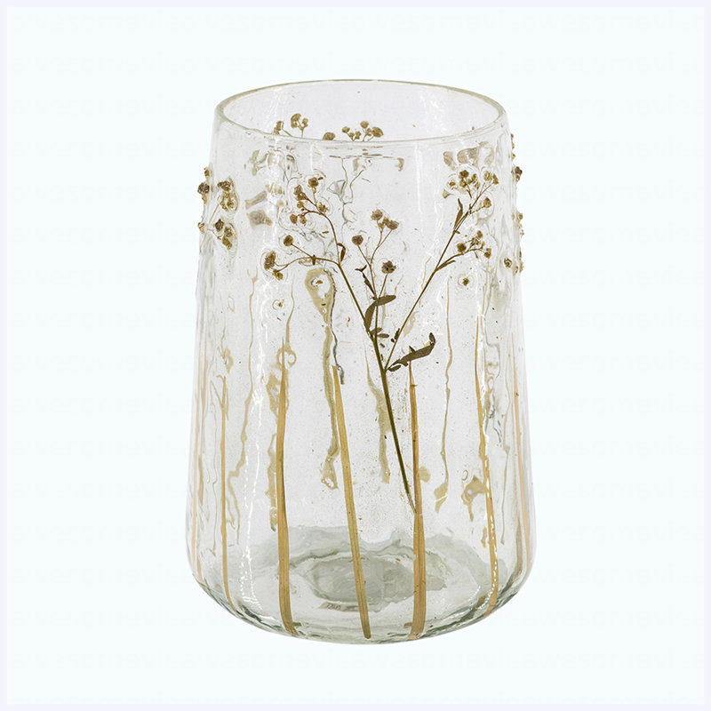 Vase en verre transparent de 9,5 po de hauteur avec motifs botaniques verts, vase décoratif à motif de plantes