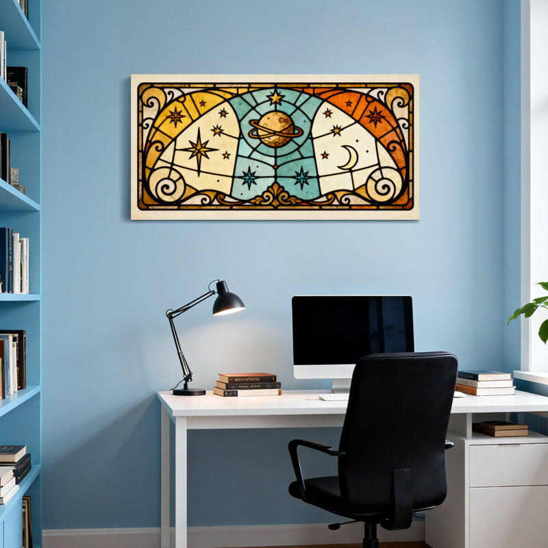 Motif cosmique en verre coloré avec planètes, étoiles et lune, H 16 po x l 32 po