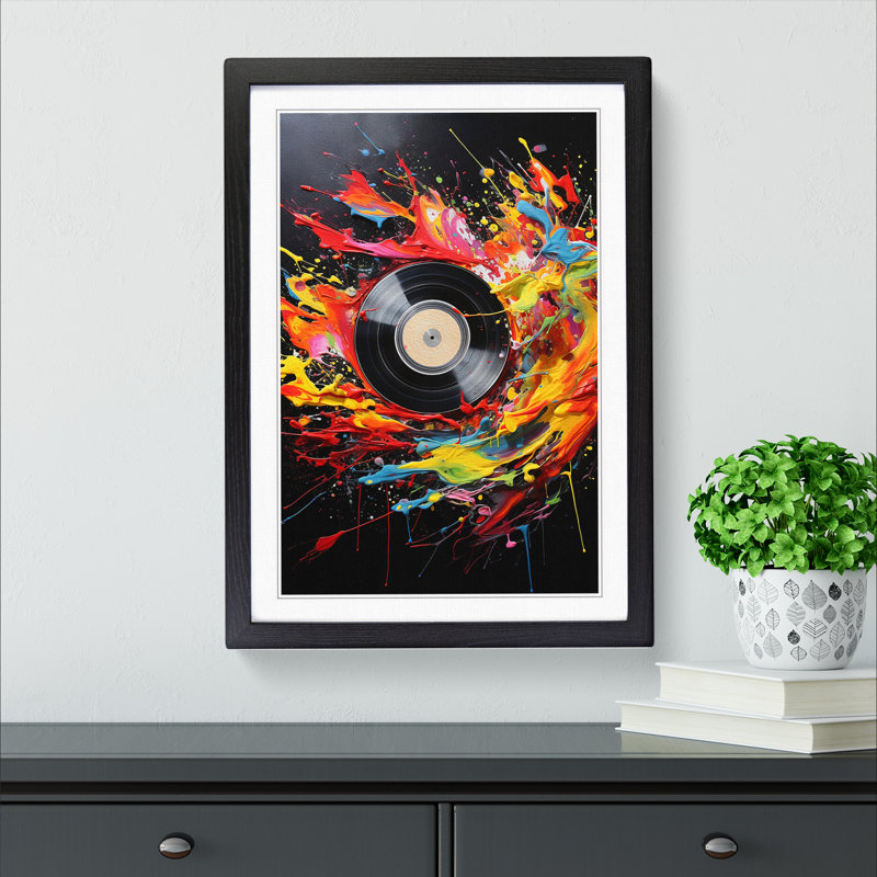 Vinyl Record Action Painting - Single Picture Frame Print on Wood, Black Framed, 46cm H x 34cm W