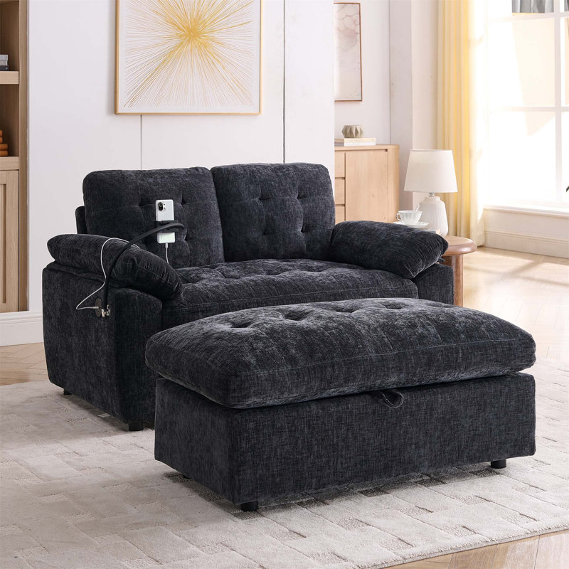 Canapé inclinable double Leisure avec dossier réglable, charge USB, support pour téléphone et repose-pieds de rangement - noir
