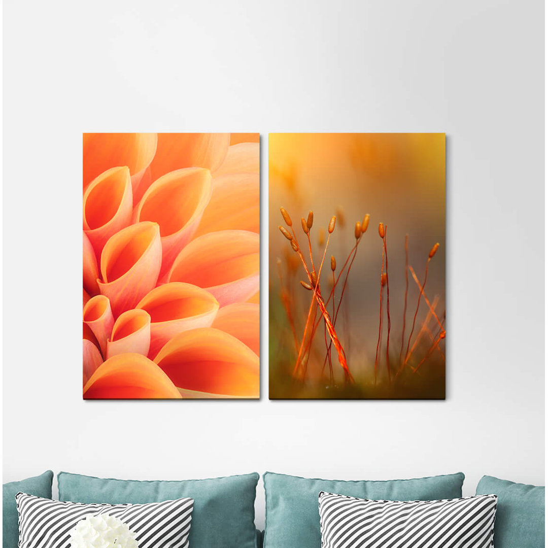 2-tlg. Leinwandbilder-Set - Grafikdruck „Blossom Buds Summer Orange Red Warm”