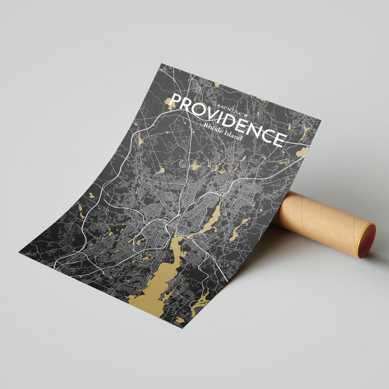 Providence, carte de la ville, impression, H 17 po x l 11 po, Noir et or