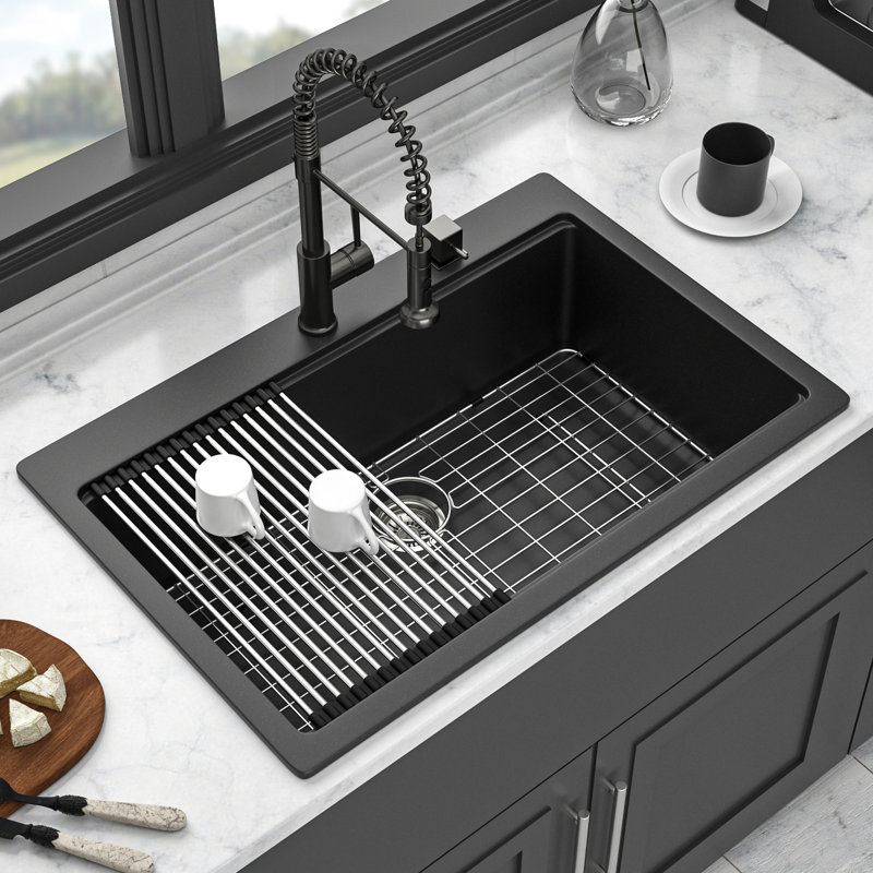 33X22" Black Quartz Drop - In Kitchen Sink, Thick Stone For Quietness, Non Porous Surface Reduces Dirt, Rounded Corners Easy Wiping, Package With Drying Rack And Grid Scratch, Eliminates Vibration,