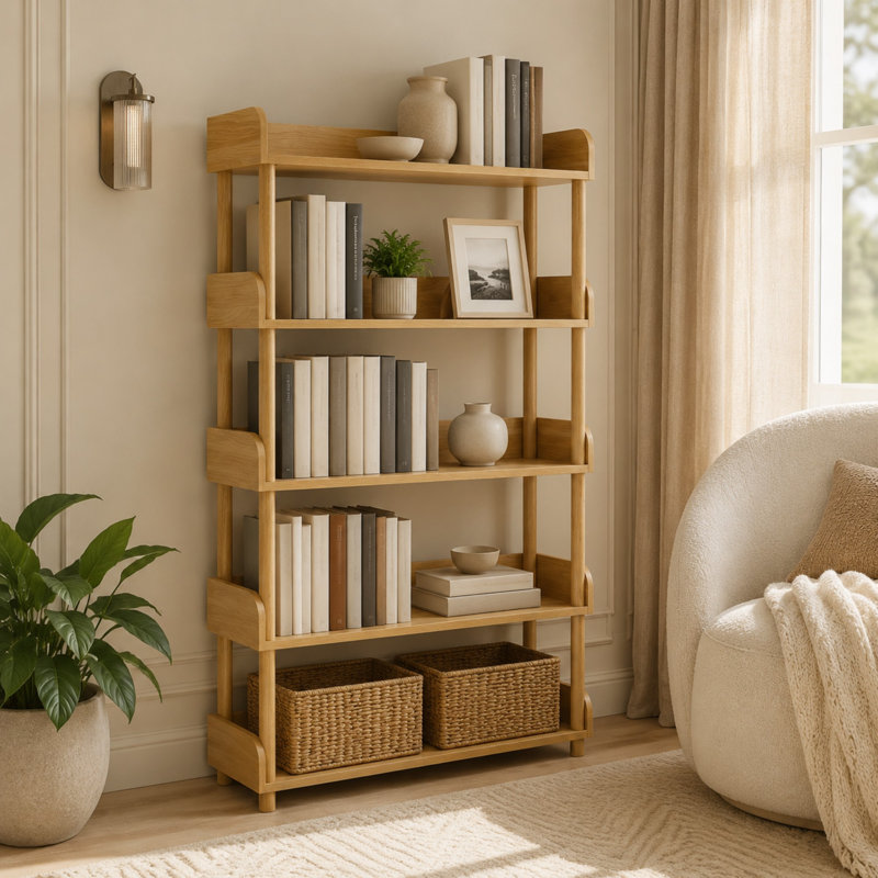 Bibliothèque en bois à 5 niveaux avec étagères ouvertes et pieds en bois massif