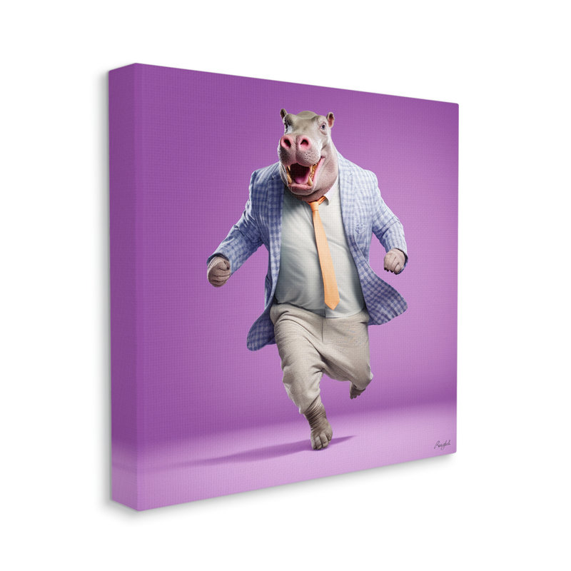 Reproduction d'un hippopotame dansant sur fond mauve sur toile par Roozbeh, H 17 po x l 17 po x P 1,5 po