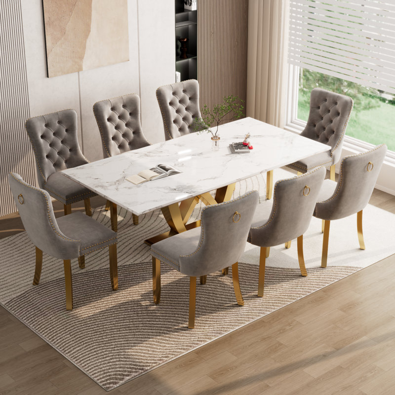 70" Faux Marble Dining Table Set for 8, with 8 Upholstered Chairs, Gray, Gold