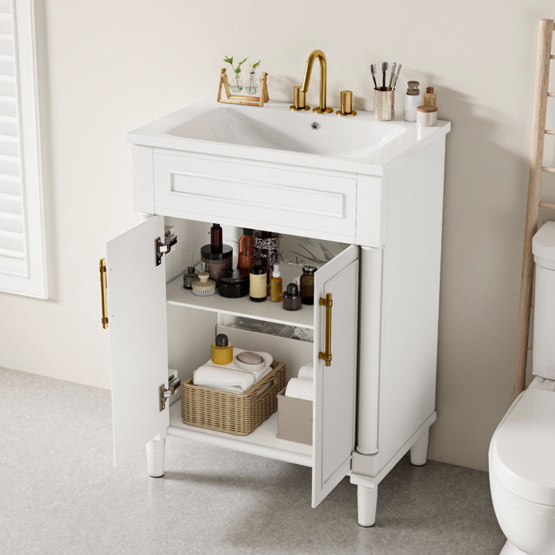 Meuble-lavabo 24 po avec lavabo en céramique, armoire de rangement à 2 portes, tablette réglable pour petits espaces, finition blanche