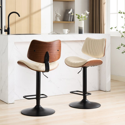 Chaises de bar en noyer, fonction pivotante à 360 °, hauteur réglable, revêtement en similicuir beige, de 2 pour tabourets de comptoir de cuisine / salle à manger, et cuir, siège pivotant et spacieux, beige, café / salle à manger