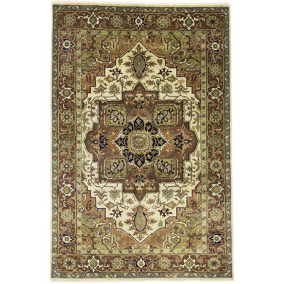 Oriental Geometric Handmade Hand-Knotted Rectangle 5'11" x 8'10" Wool Area Rug in Cream
