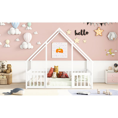 House-Shaped Floor Bed With Guardrails In Pure White Colour - Crafted From Strong Pine For A Secure Sleeping Area Wood Peaceful Night